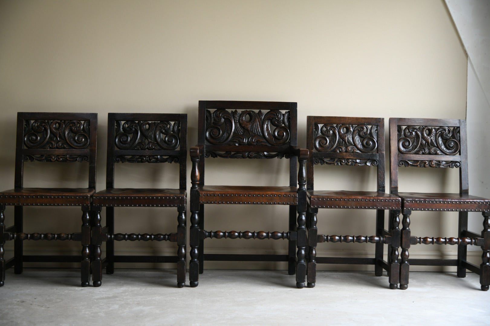 Set 6 Carved Oak Continental Dining Chairs
