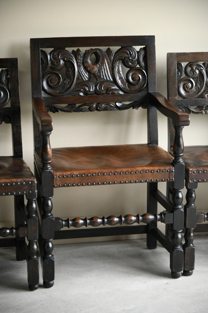 Set 6 Carved Oak Continental Dining Chairs