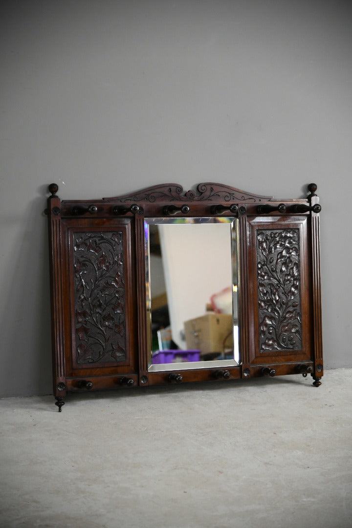 Victorian Walnut Wall Mirror & Coat Hooks