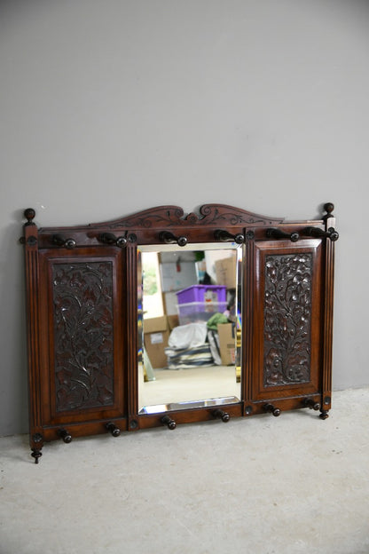 Victorian Walnut Wall Mirror & Coat Hooks