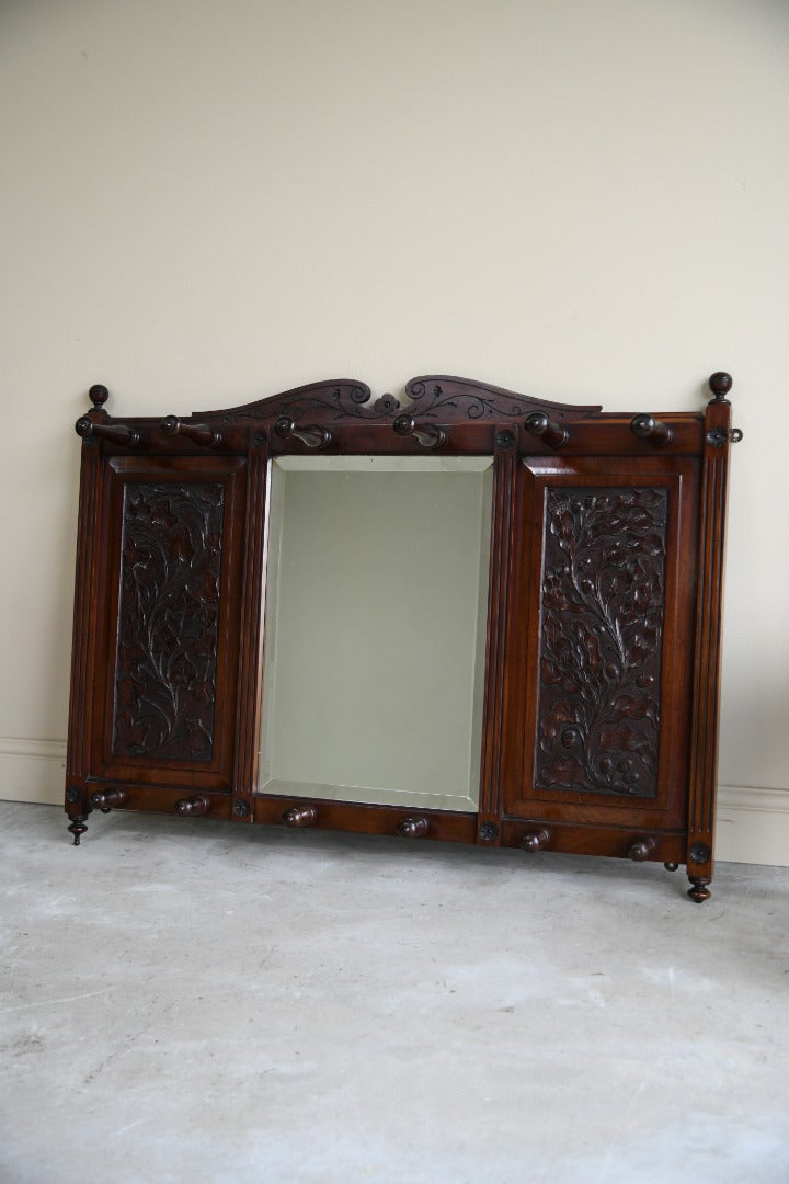 Victorian Walnut Wall Mirror & Coat Hooks