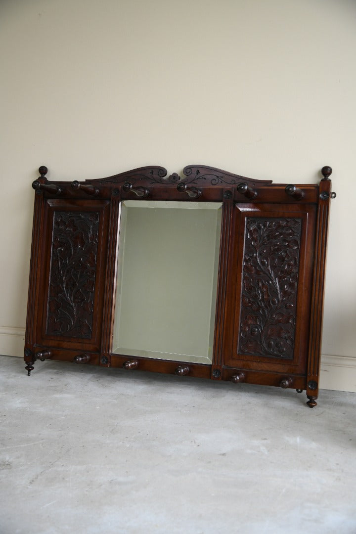 Victorian Walnut Wall Mirror & Coat Hooks