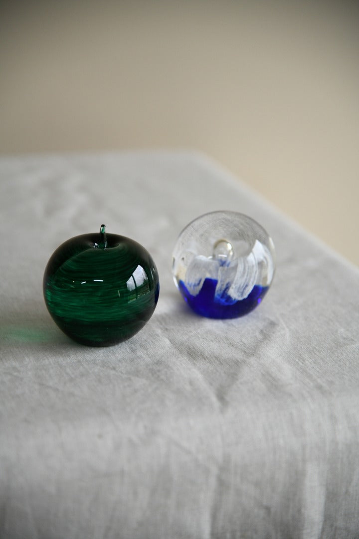 Two Glass Paperweights Green Apple St Johns Crystal