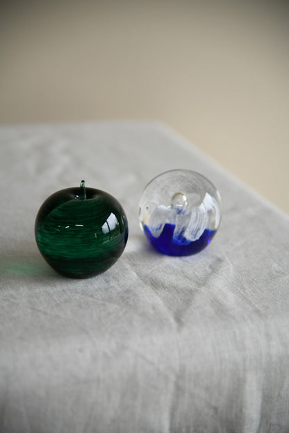 Two Glass Paperweights Green Apple St Johns Crystal