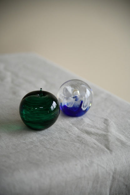 Two Glass Paperweights Green Apple St Johns Crystal