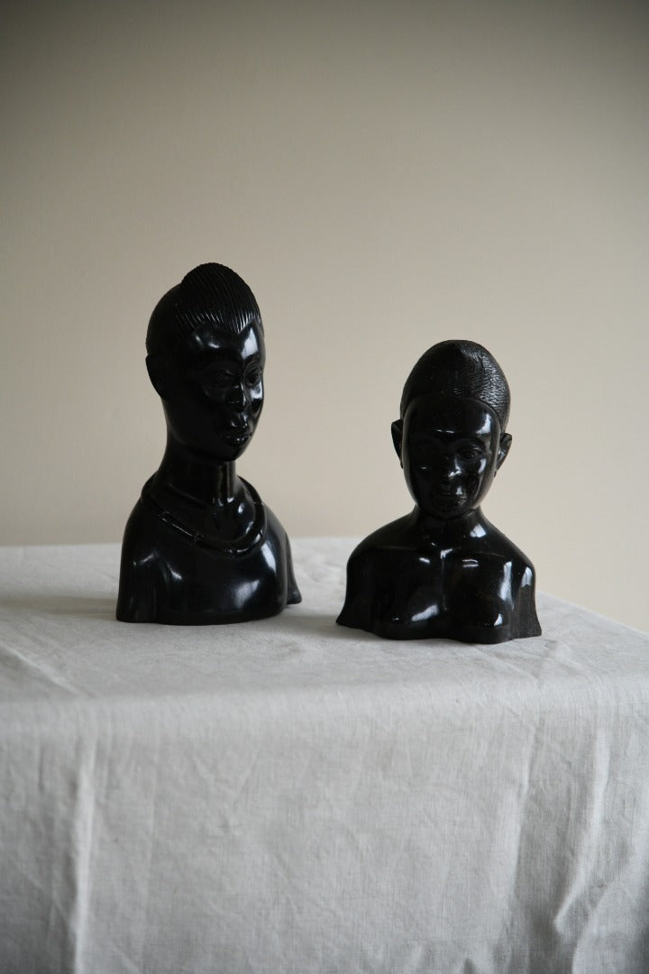 Pair Carved Ebony Busts