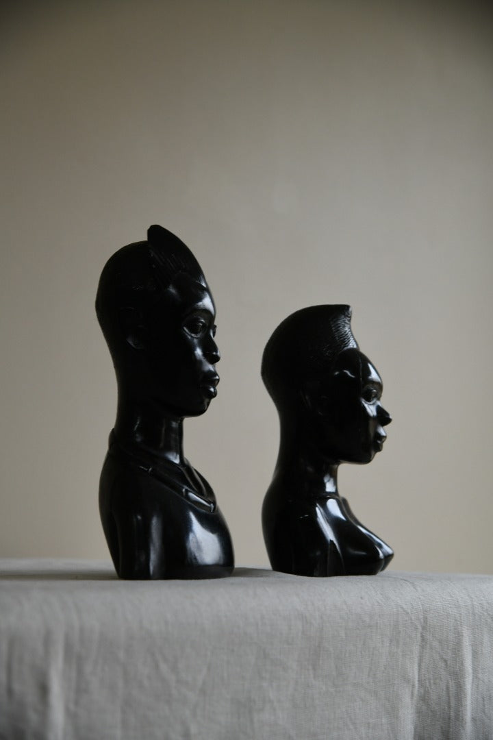 Pair Carved Ebony Busts