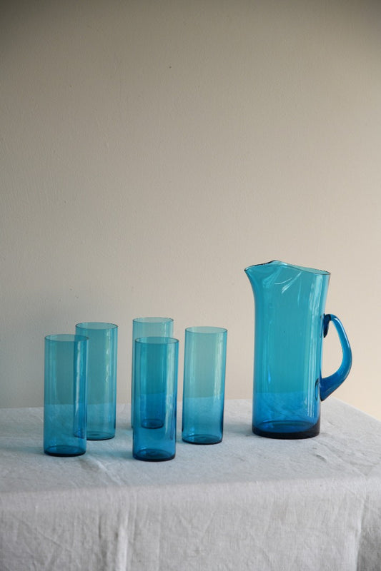 Whitefriars Blue Glass Jug & 5 Glasses