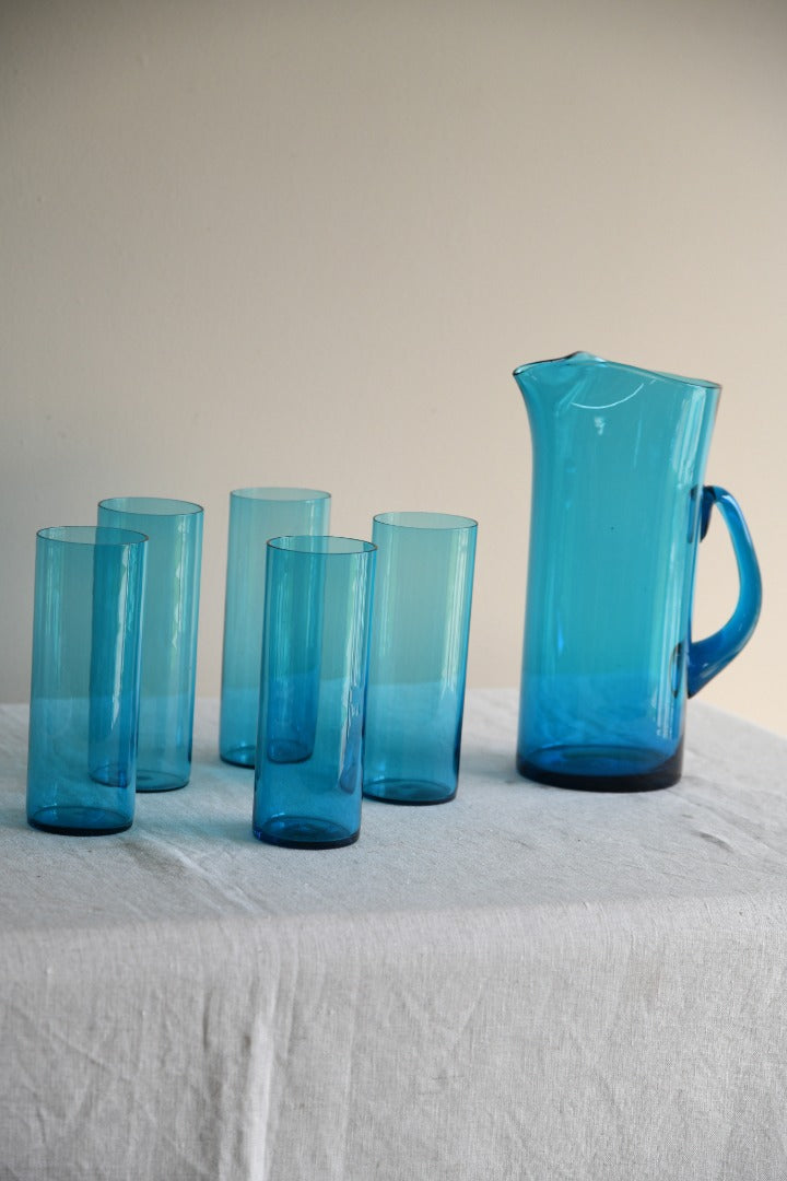 Whitefriars Blue Glass Jug & 5 Glasses