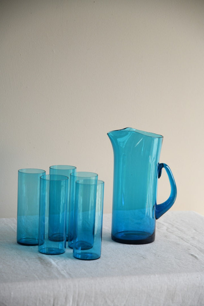 Whitefriars Blue Glass Jug & 5 Glasses