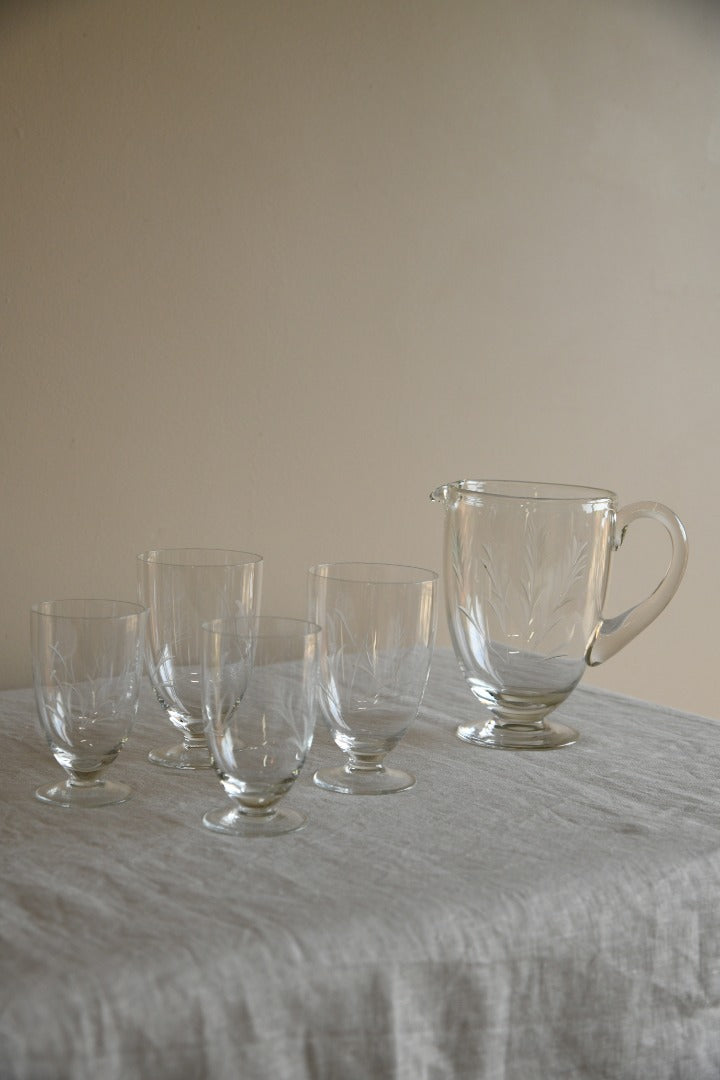 Vintage Etched Glass Water Jug & Glasses