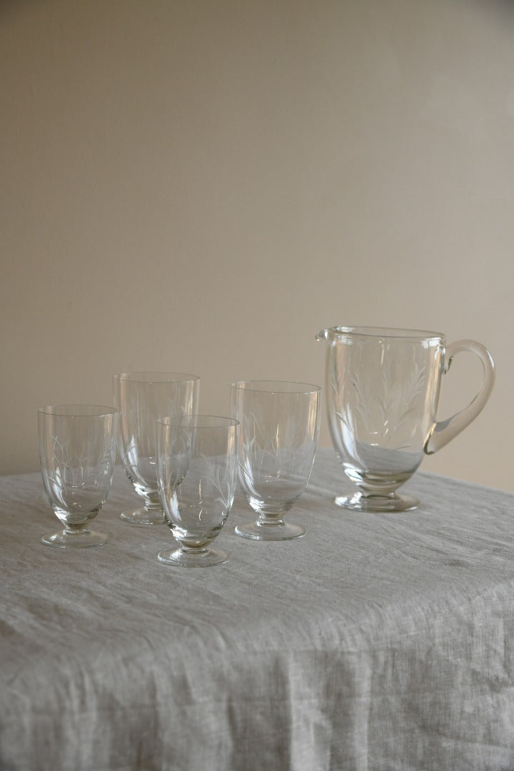 Vintage Etched Glass Water Jug & Glasses