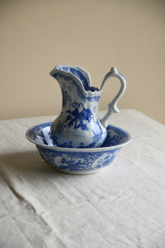 Vintage Oriental Blue & White Wash Jug & Basin