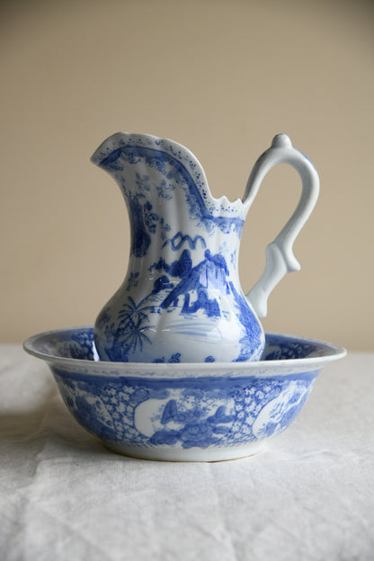 Vintage Oriental Blue & White Wash Jug & Basin