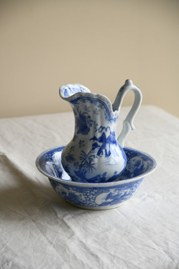 Vintage Oriental Blue & White Wash Jug & Basin