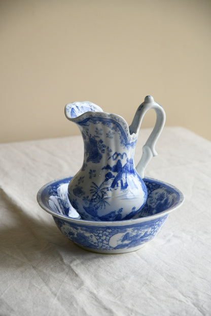 Vintage Oriental Blue & White Wash Jug & Basin