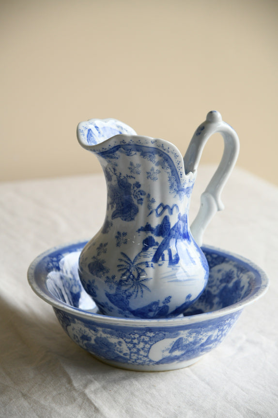 Vintage Oriental Blue & White Wash Jug & Basin