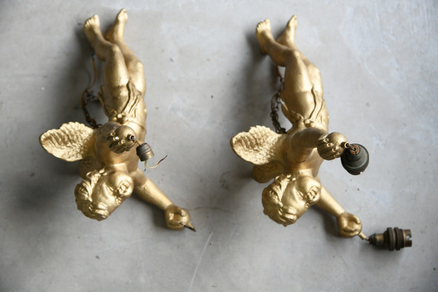Pair Vintage Gold Cherub Hanging Lights