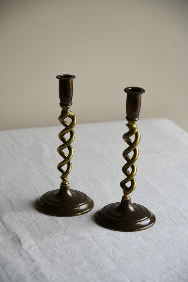 Pair Open Barley Twist Brass Candlesticks