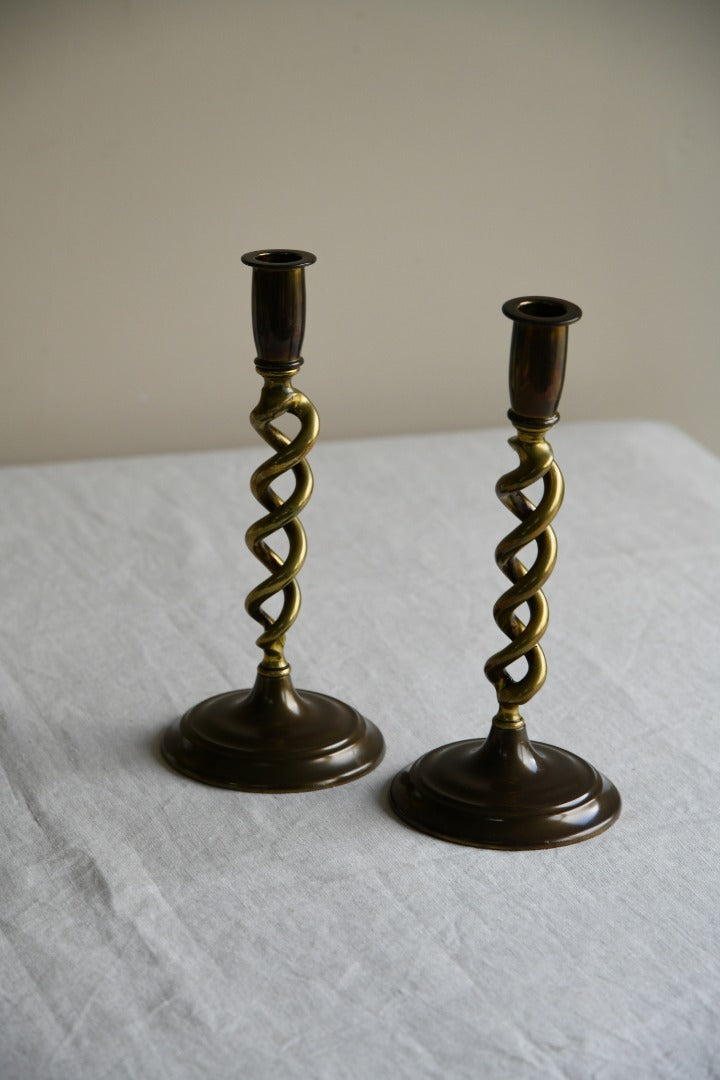 Pair Open Barley Twist Brass Candlesticks