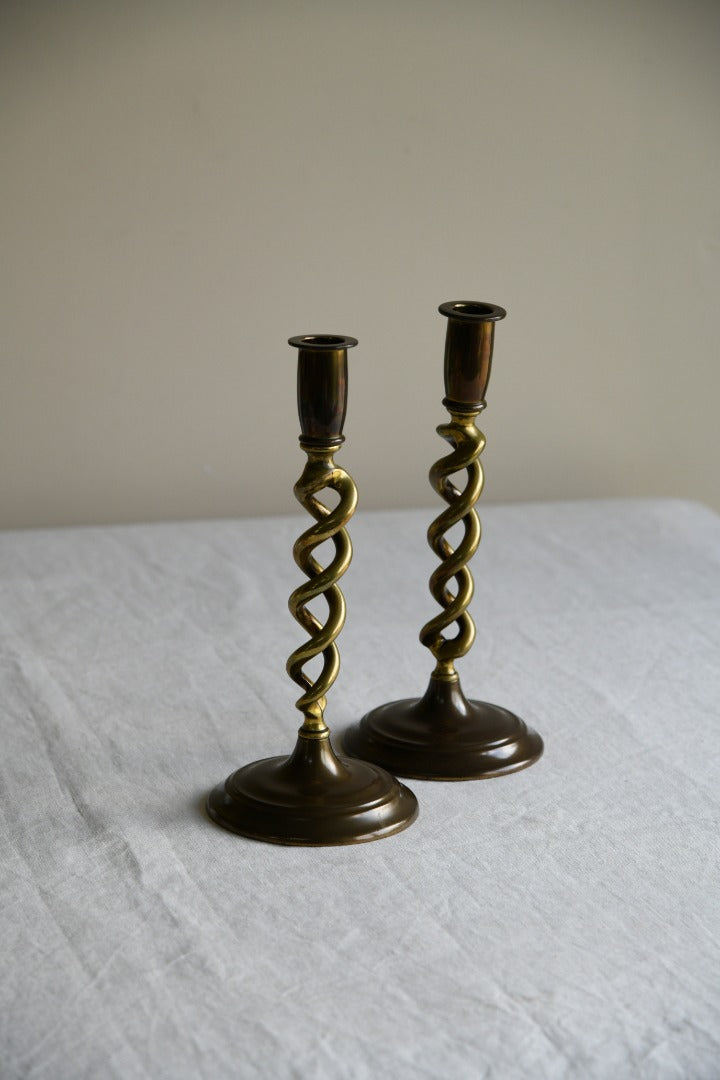 Pair Open Barley Twist Brass Candlesticks