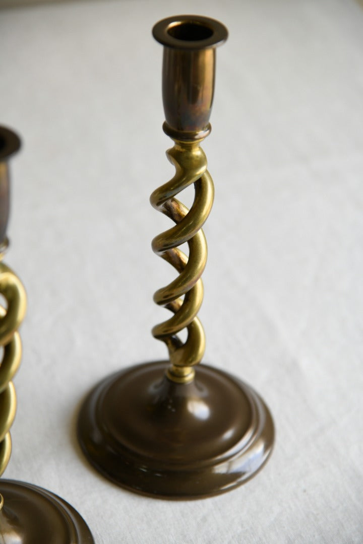 Pair Open Barley Twist Brass Candlesticks