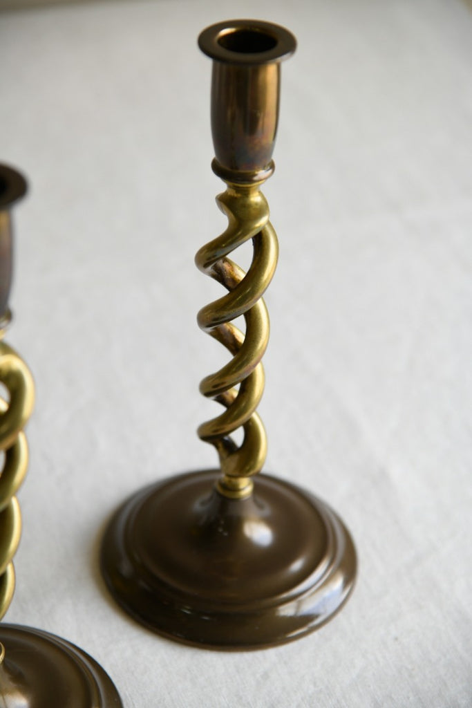 Pair of Victorian 19th Century Barley Open Twist Brass Candlesticks