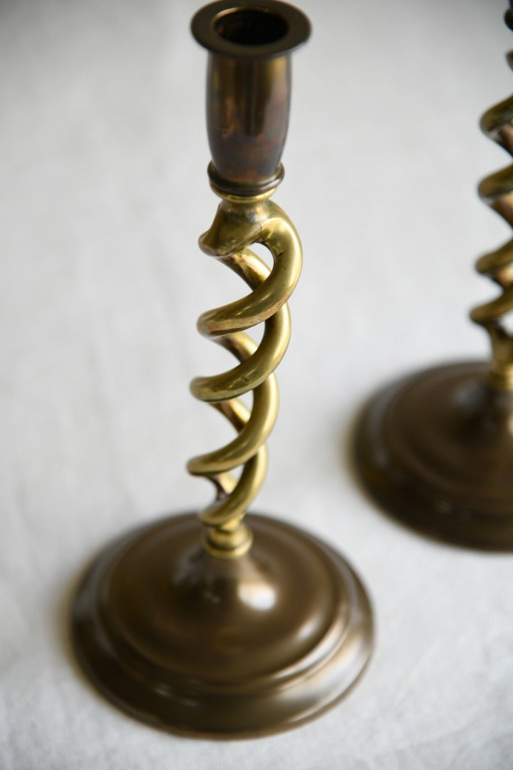 Pair Open Barley Twist Brass Candlesticks