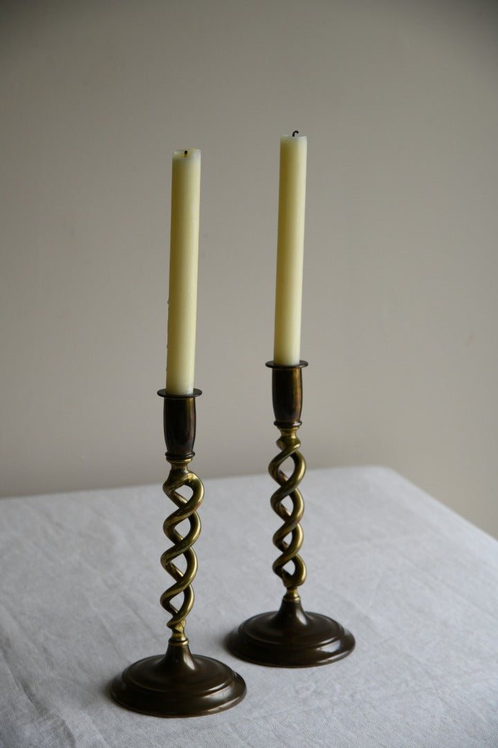 Pair Open Barley Twist Brass Candlesticks