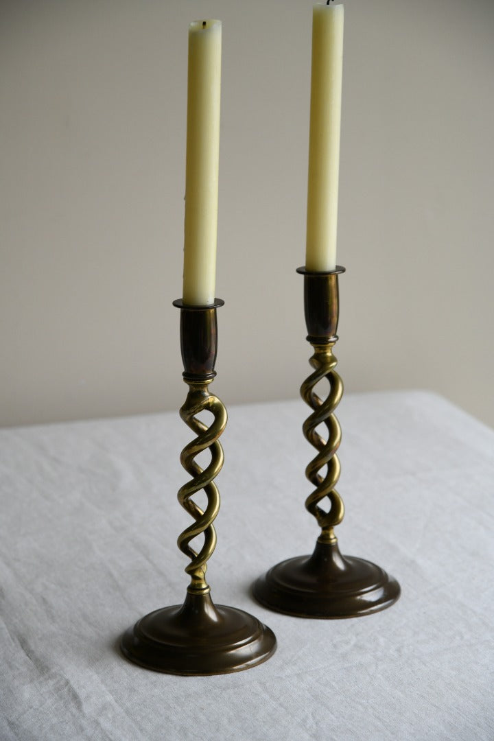 Pair Open Barley Twist Brass Candlesticks