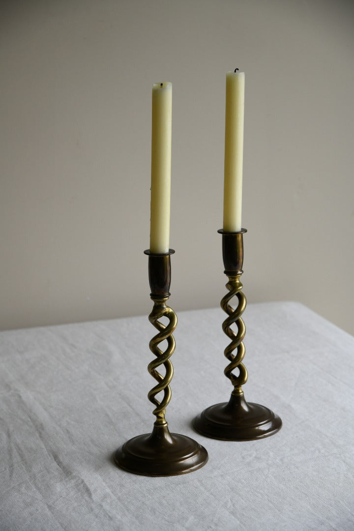 Pair Open Barley Twist Brass Candlesticks