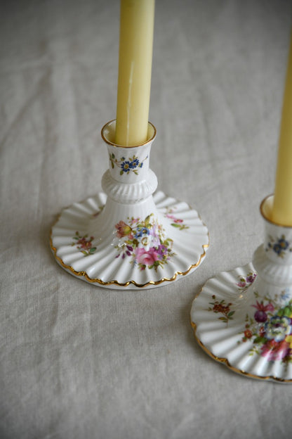 Pair Vintage Hammersley Floral China Candlesticks