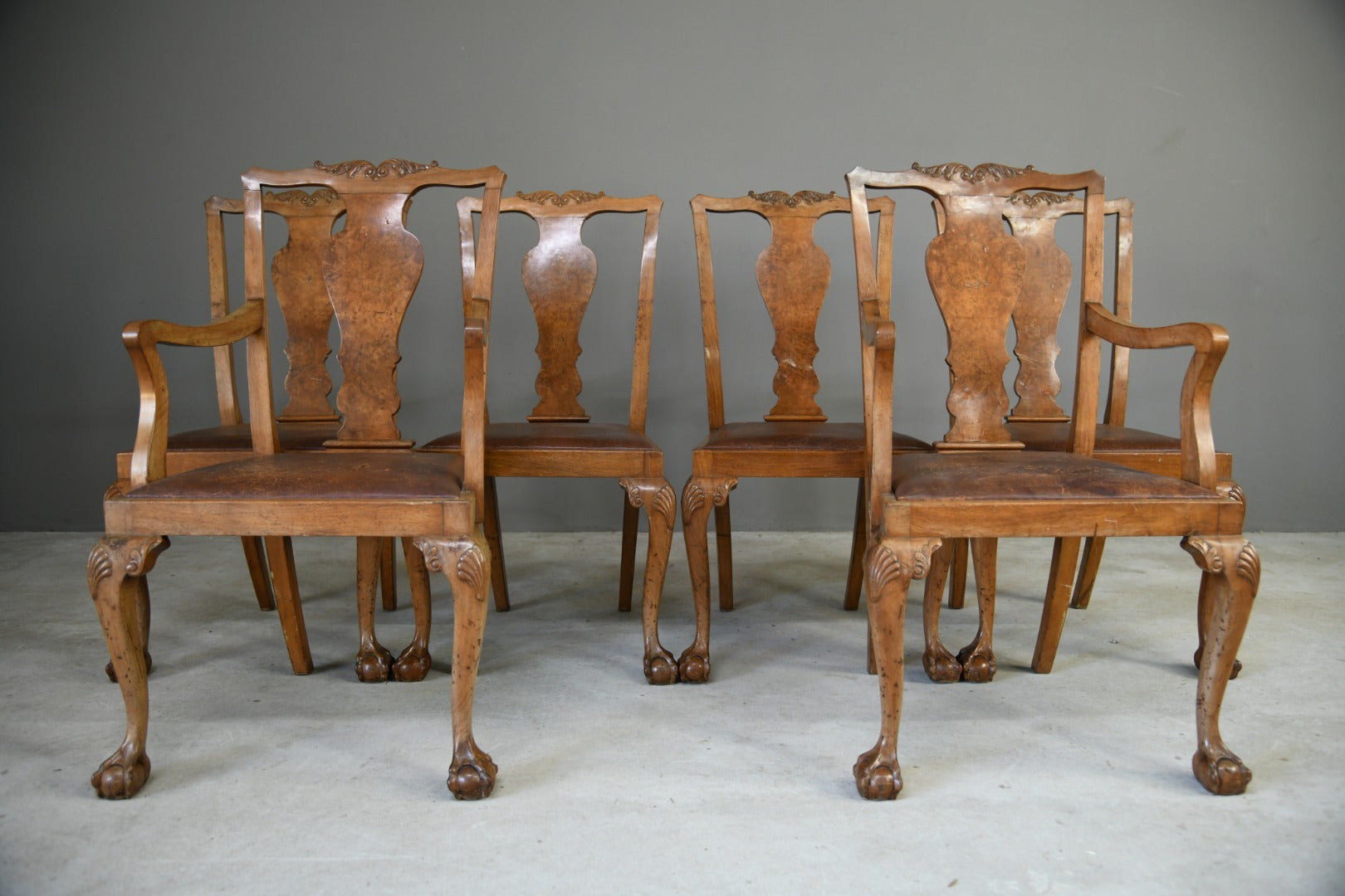 Set 6 Queen Anne Style Walnut Dining Chairs