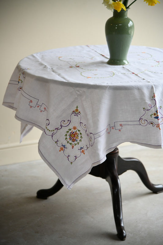 Vintage Embroidered Floral Tablecloth