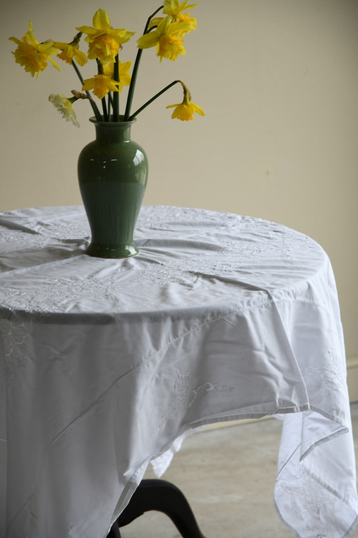 Vintage Embroidered White Cotton Rectangular Tablecloth