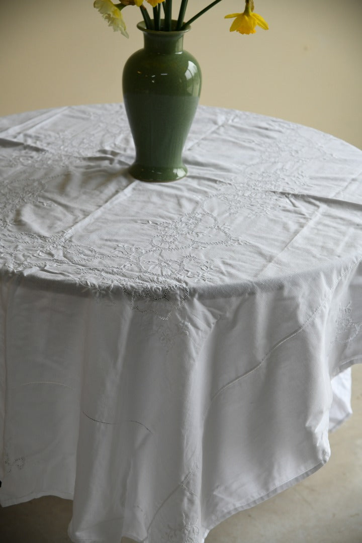 Vintage Embroidered White Cotton Rectangular Tablecloth