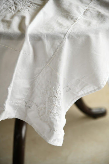 Vintage Embroidered White Cotton Rectangular Tablecloth