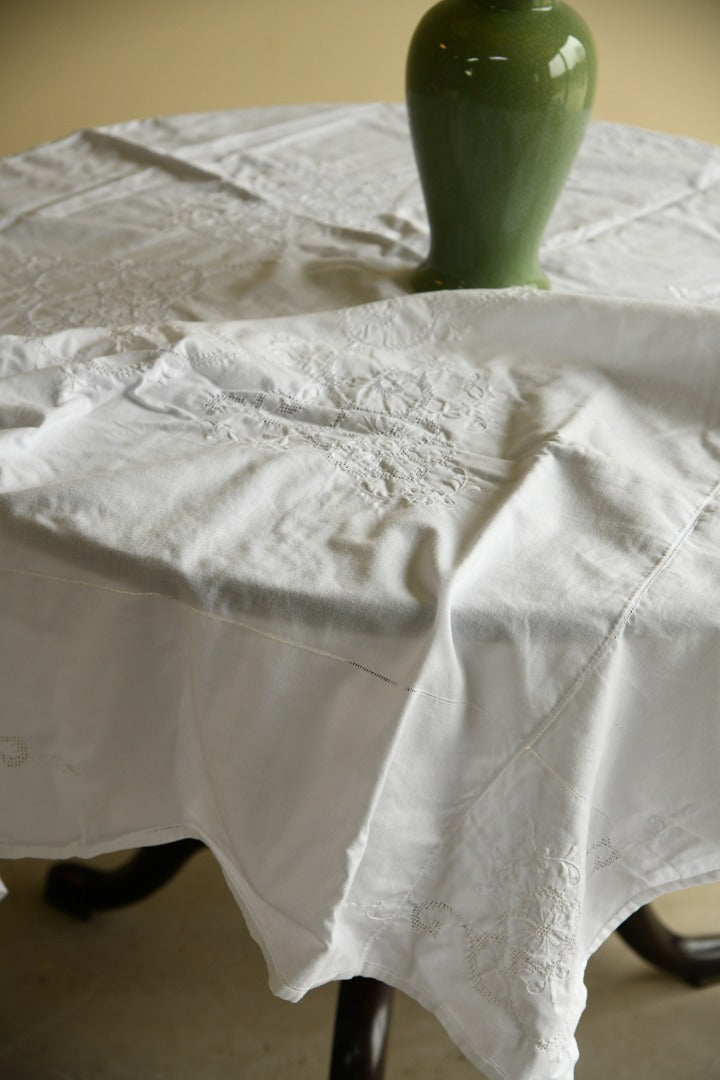 Vintage Embroidered White Cotton Rectangular Tablecloth