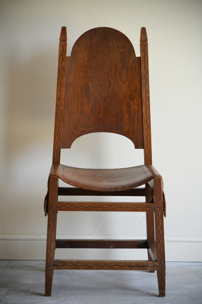 Arts & Crafts Inlaid Oak & Leather Bedroom Chair