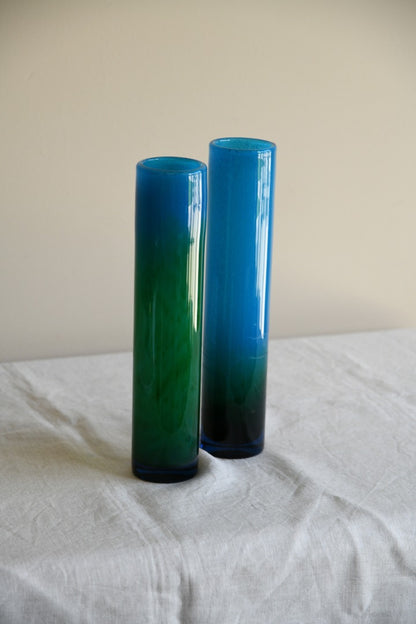 Pair Blue & Green Glass Vase John Orwar Lake Ekenas Sweden