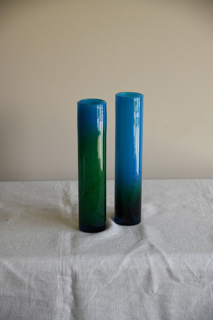 Pair Blue & Green Glass Vase John Orwar Lake Ekenas Sweden