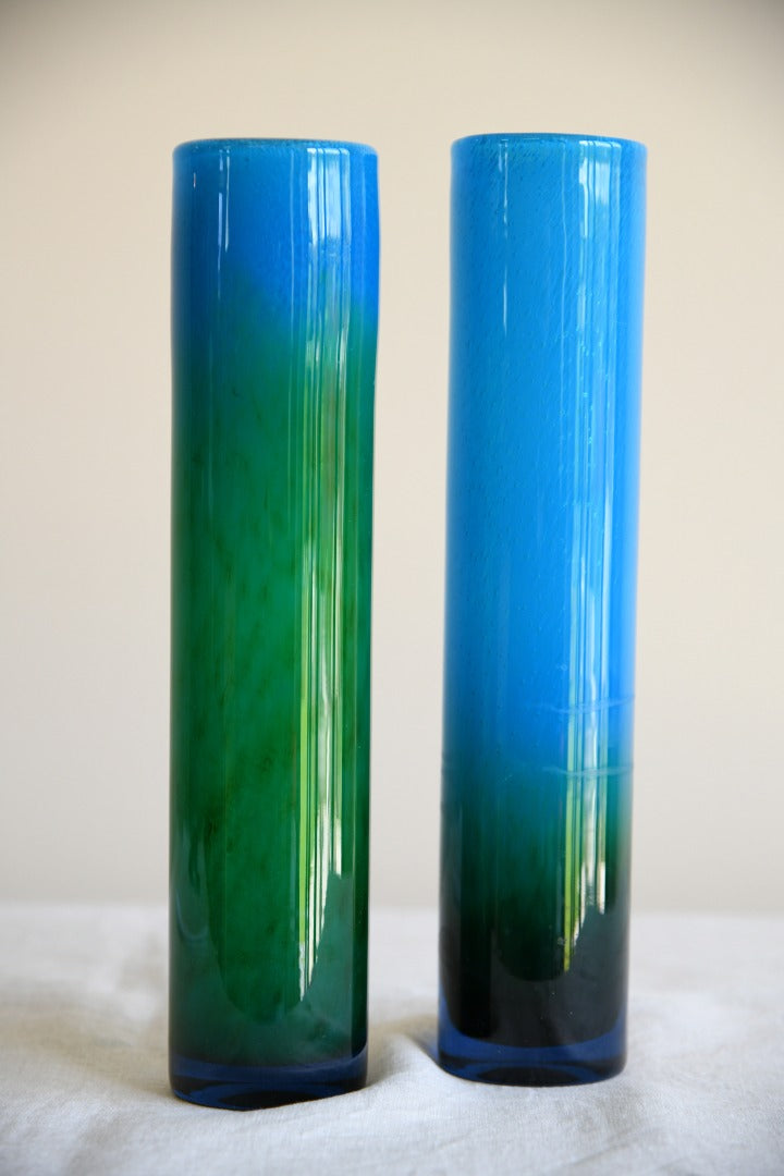 Pair Blue & Green Glass Vase John Orwar Lake Ekenas Sweden