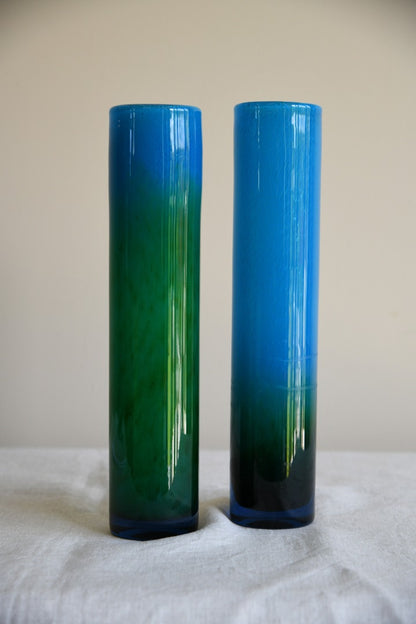 Pair Blue & Green Glass Vase John Orwar Lake Ekenas Sweden