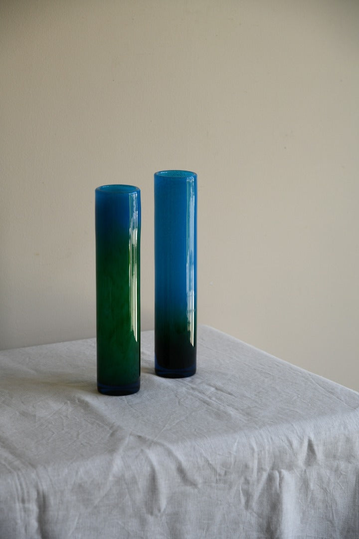 Pair Blue & Green Glass Vase John Orwar Lake Ekenas Sweden