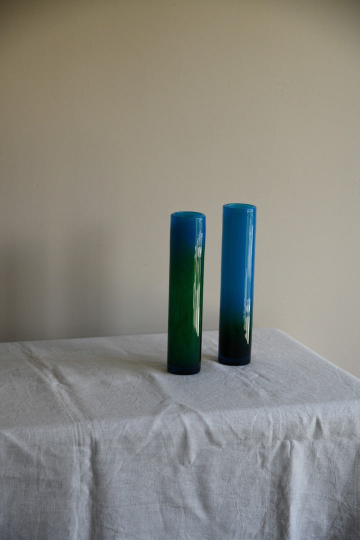 Pair Blue & Green Glass Vase John Orwar Lake Ekenas Sweden