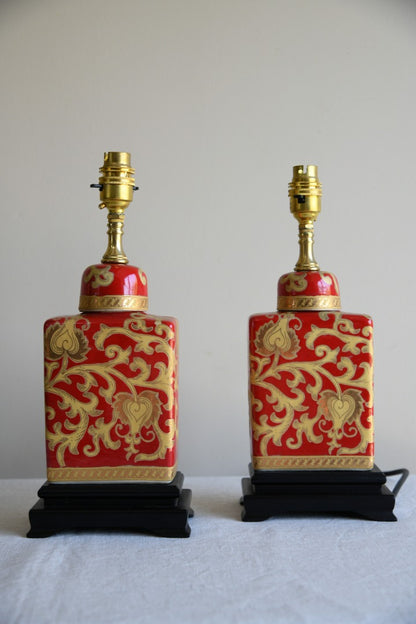 Pair Oriental Style Red & Gold Table Lamps