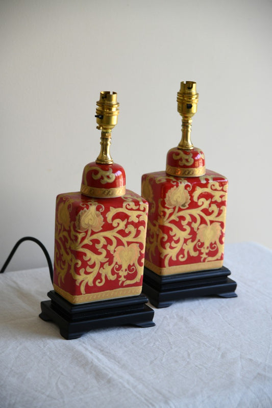 Pair Oriental Style Red & Gold Table Lamps