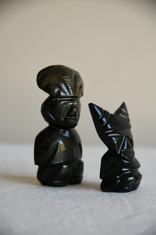 Two Carved Black Onyx Inca Figures