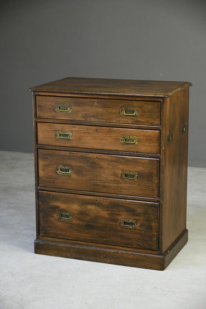Stained Pine Campaign Style Chest of Drawers
