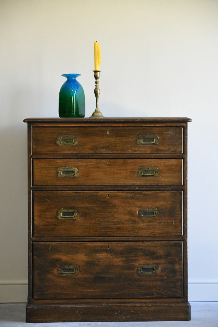 Stained Pine Campaign Style Chest of Drawers